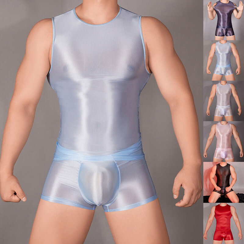 Bodysuit pria melar atasan seksi tipis tembus pandang pakaian dalam singlet Gay rompi besar sejuk padat mengkilat Lingerie Erotis