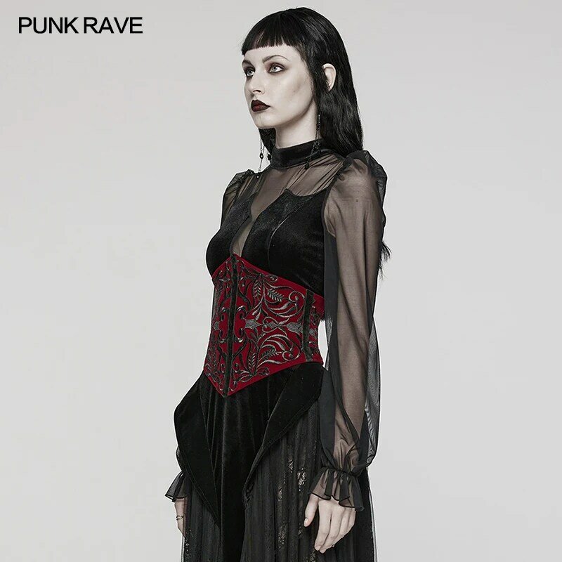 PUNK RAVE Women's Gothic Velveteen Embroidery Totem Retro Corset Adjustment Velvet Ribbon Drawstring Accessories Belt 2 Colors