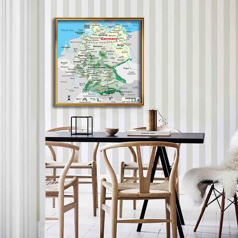 90*90Cm Peta Topografi Jerman Dalam Bahasa Inggris Lukisan Kanvas Non-woven Ruang Tamu Dekorasi Rumah Perlengkapan Kelas Sekolah