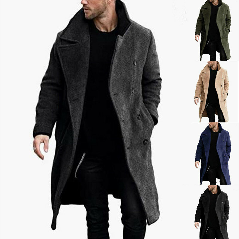 남성용 캐주얼 라펠 재킷, 단색 트렌치 코트, 바람막이 추가 길이, 더블 브레스트, 겨울 의류