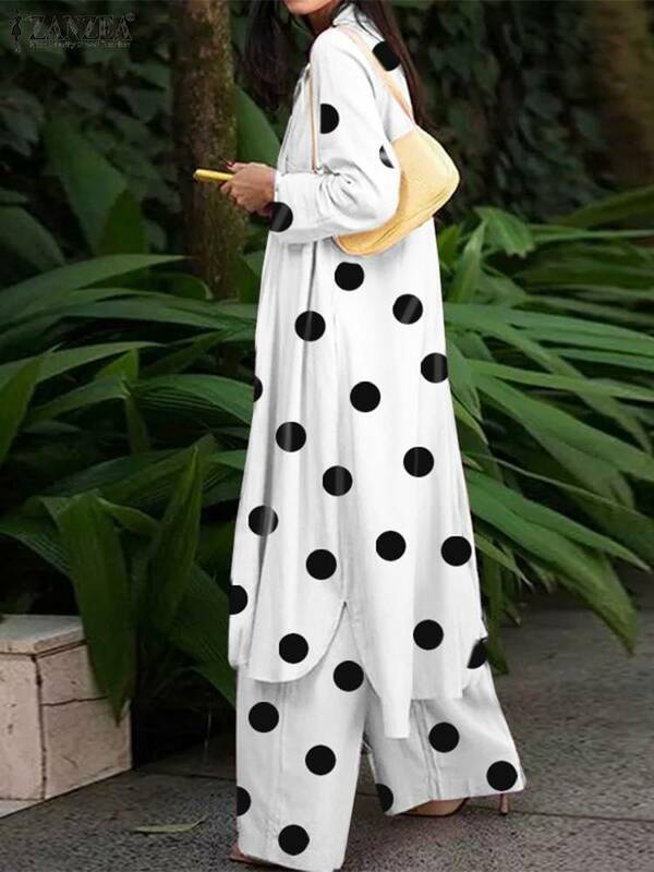ผู้หญิง Polka Dot Matching ชุด ZANZEA แฟชั่นพิมพ์ชุด2ชิ้นแขนยาวเสื้อกางเกงยาวหญิง Urban Outifits ขนาดใหญ่