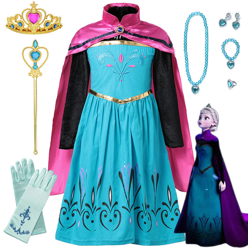 女の子のための派手な冷凍エルザドレス、コロネーションコスチューム、プリンセスの衣装、ケープアクセサリー、ハロウィーン、誕生日パーティー
