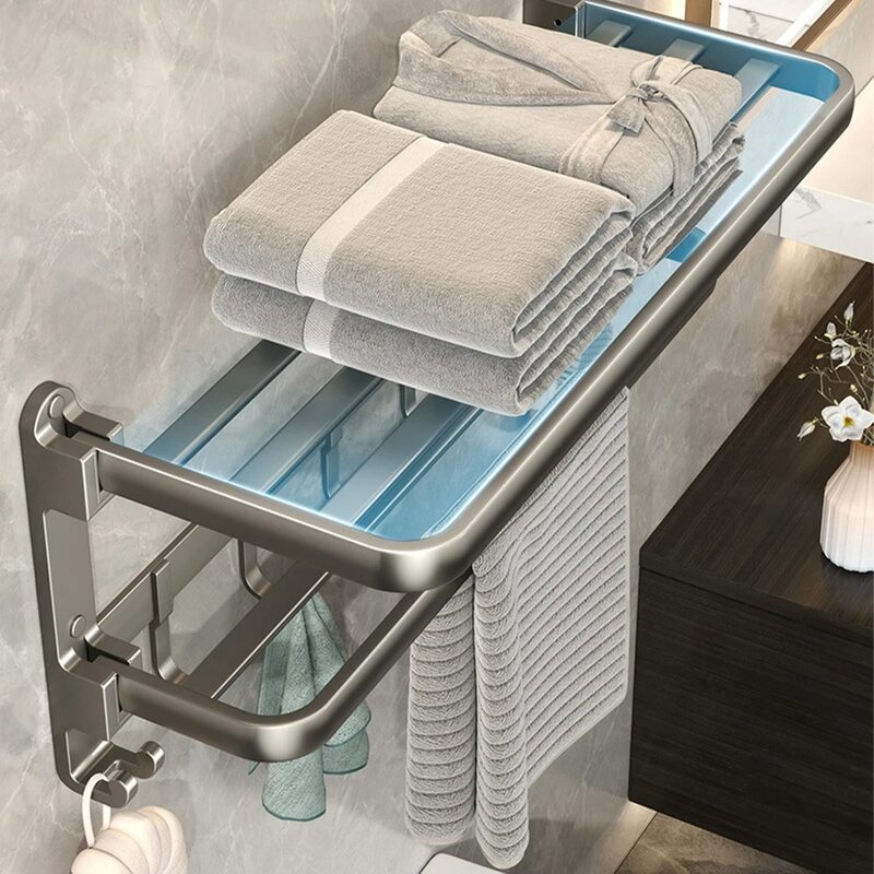 Toallero biplegable de 24 pulgadas, estante con soporte de barra, ganchos móviles a prueba de óxido, almacenamiento de toallas, montaje en pared para baño, WY008-3