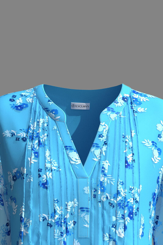 Flycurvy-Chemisier habillé en mousseline de soie, grande taille, bleu, imprimé floral plissé, double couche, manchette à volants, manches 3/4