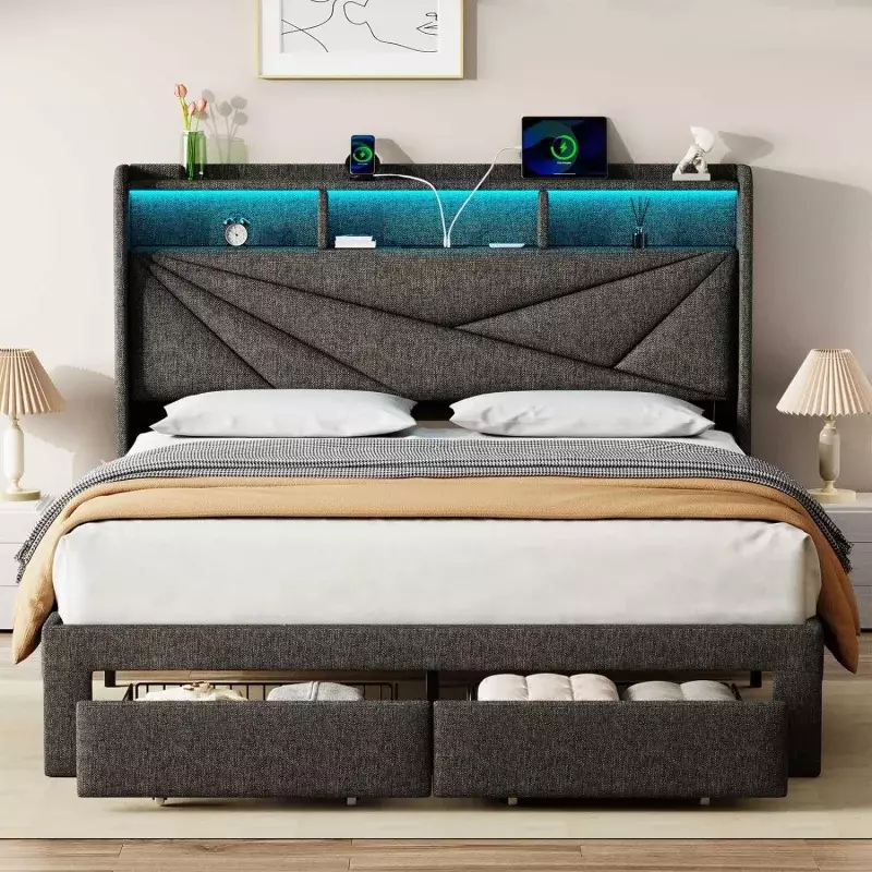 Rama łoże małżeńskie LED z 2 szuflady do przechowywania, zagłówkiem w rozmiarze tapicerowanym i stacja ładowania, bez sprężyny skrzynowej