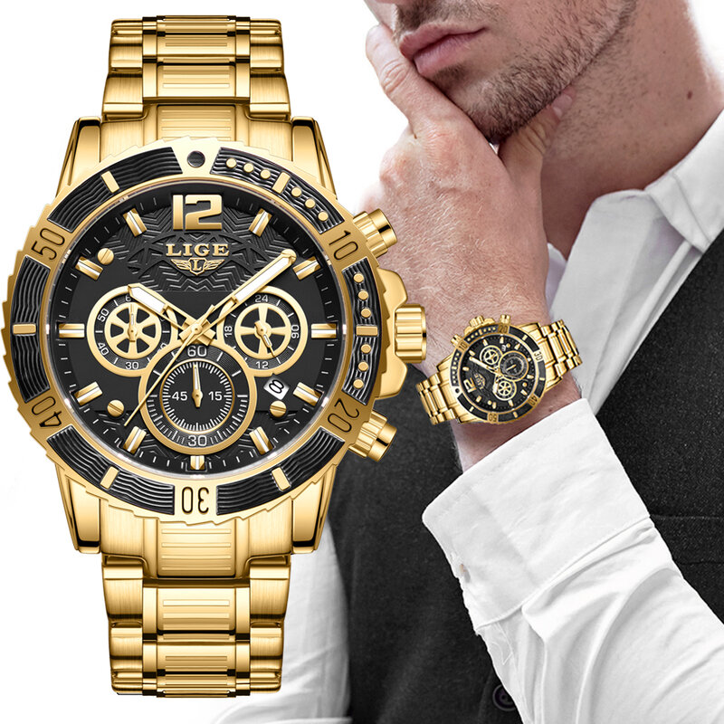 LIGE Mens Watches Top Luxury Brand Waterproof Sport Wrist Watch Chronograph Quartz Military Genuine Full Steel Relogio Masculino