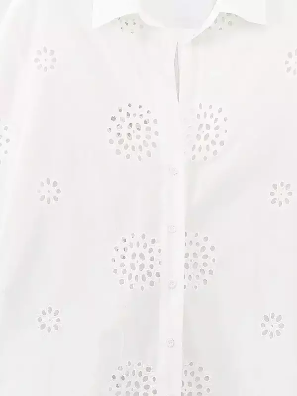 22 Dames Nieuwe Mode Holle Borduurdecoratie Losse Asymmetrische Shirt Retro Lange Mouw Knoop Dames Shirt Unieke Top