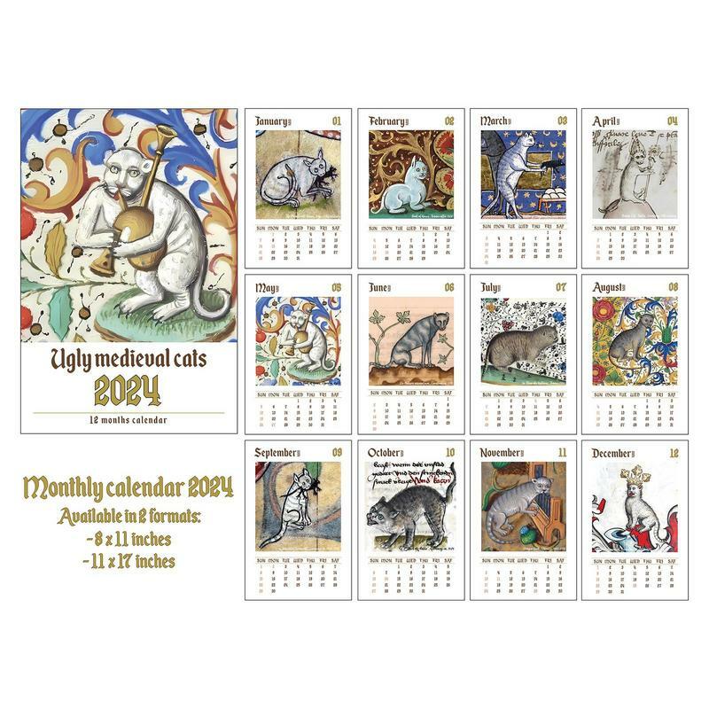 Calendario de pared para gatos medievales, calendario mensual decorativo para gatos feos, para mascotas, decoración para dormitorio, 2024