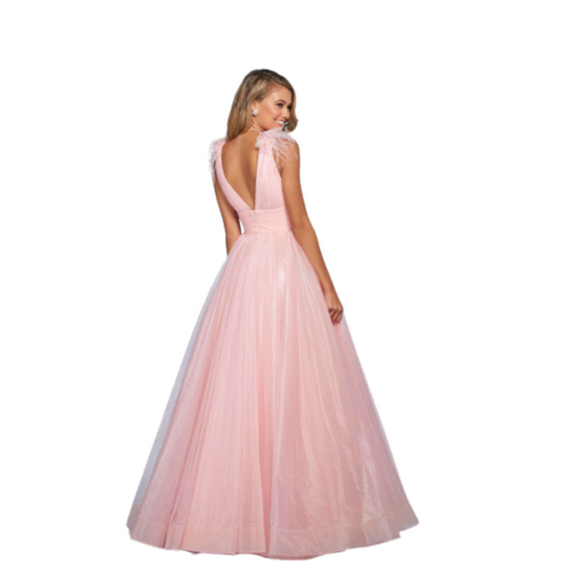 2024 baru gaun pesta Organza kerah V merah muda SH-037