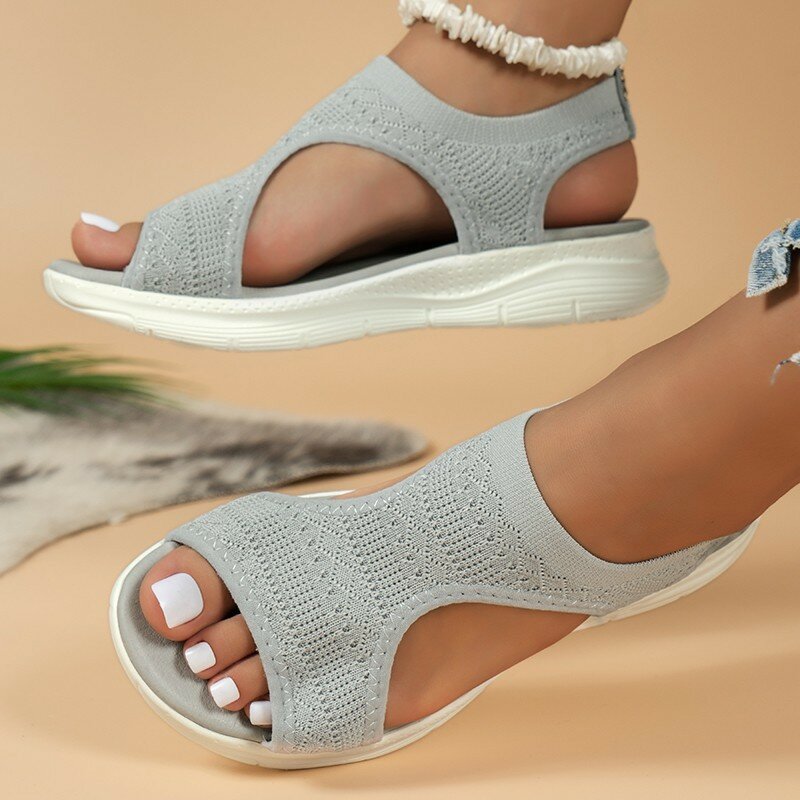 Sandalias de plataforma de malla para mujer, zapatos de tacón bajo, talla grande, informales, para playa, verano, 2024
