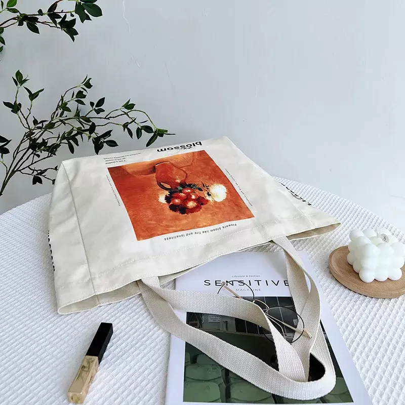 Bolso de compras de lona para mujer, bolsa de hombro de tela de algodón con pintura al óleo floreciente, libros ecológicos, bolso grande para compras de comestibles