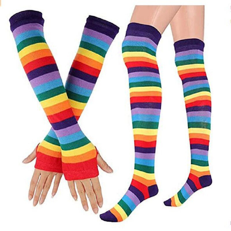 Colorful Rainbow Gloves Stocking Cute Thigh Knee Sock Dance Socks Striped Arm Warmer Gloves Christmas Gift Women Cosplay Costume