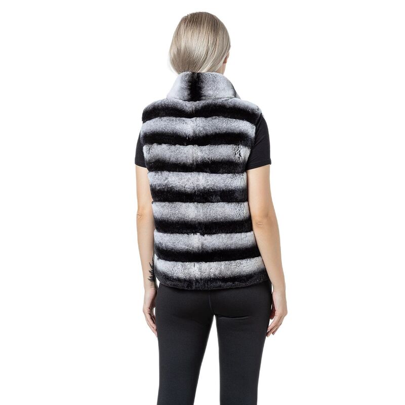 Real Natural Rex Rabbit Fur Vest para Mulheres, Colete de listras, Chinchilla Coats, 2023, 210737, Novo