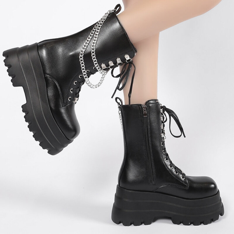 New Women's Platform Shoes 2023 Fashion Plus Size Square Toe Metal Chain Zipper Ankle Boots for Women Winter Chunky Heel Shoes
