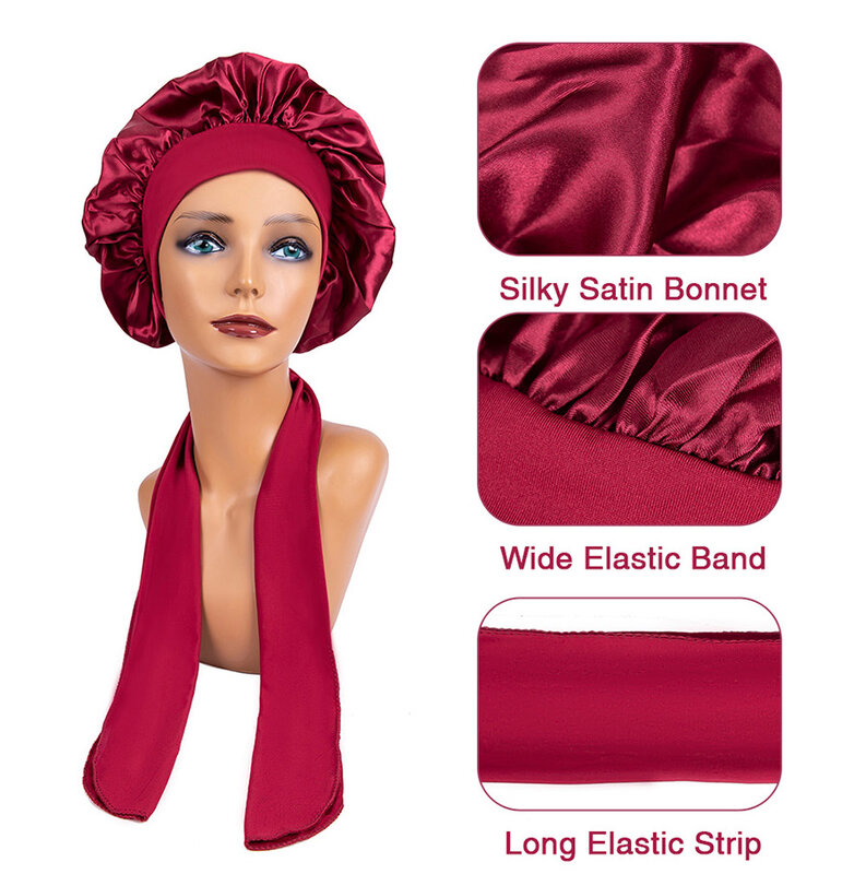 New Large Satin Bonnet Silk Night Sleeping Cap Long Satin Bonnet With Head Tie Band Bonnet Edge Wrap per le donne capelli ricci treccia