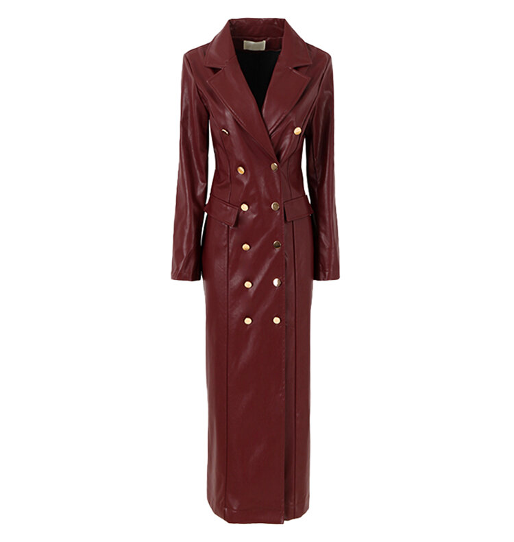 Gabardina Extra larga de piel sintética negra para mujer, abrigo de doble botonadura, moda británica elegante de lujo, primavera y otoño, 2024