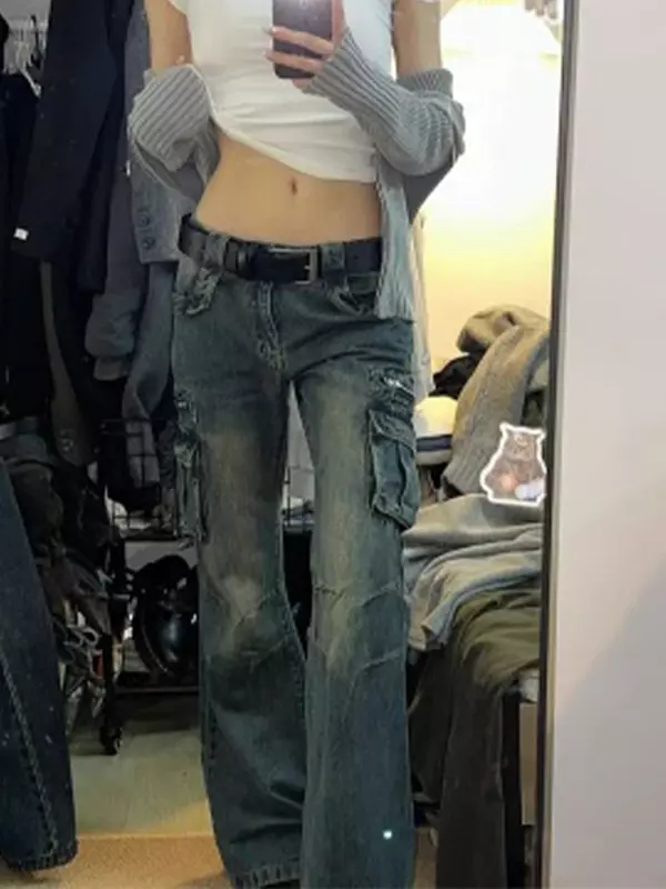 กางเกงขาบานผู้หญิงมีกระเป๋าใหญ่กางเกงผู้หญิงคาร์โก้ MODE Korea ใหม่ฤดูใบไม้ผลิฤดูร้อน2024กางเกงยีนส์ลำลอง mopping หลวม