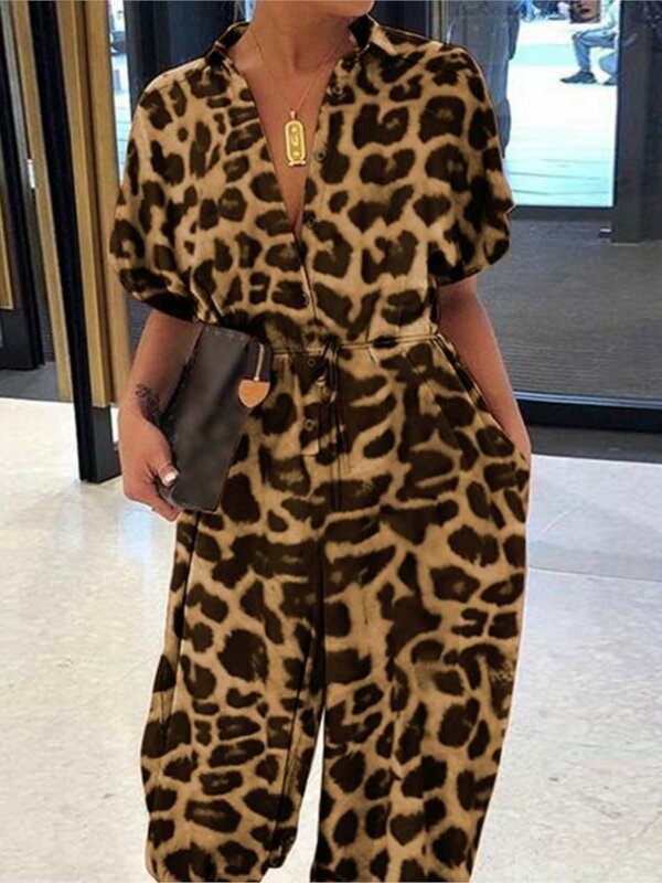 Summer Fashion V-Neck Button Lace-Up Jumpsuit Short Sleeve Loose Playsuit Overalls Women Elegant Leopard Print Pocket Rompers