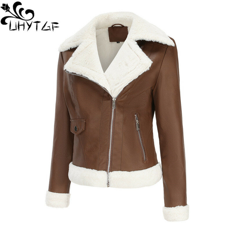 UHYTGF Leather Jacket Woman Fashion Plush Lapel Zipper Coat Female Casual Warm Autumn Winter PU Leather Jacket Ladies Outwear422