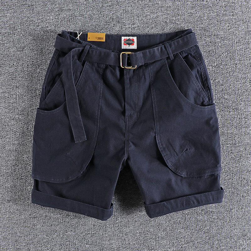Verão novo americano retro woven cargo shorts moda masculina 97% algodão lavado multi-bolso casual solto 5 pontos calças com cinto