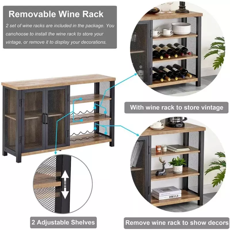 Bar closet Coffee Bar Cabinet with Storage, Industrial Wine Cabinet with Wine Racks, Bar Cabinet for Liquor and Glasses