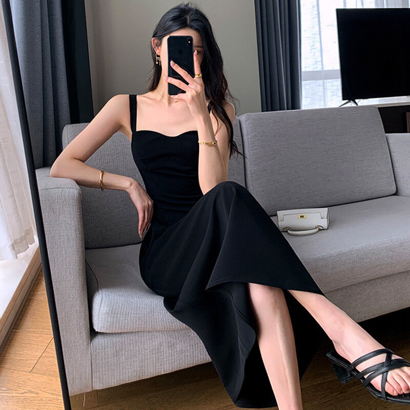 ESANSFIN 2023 новое черное вечернее платье в стиле ретро на бретелях для женщин с квадратным воротником на лето