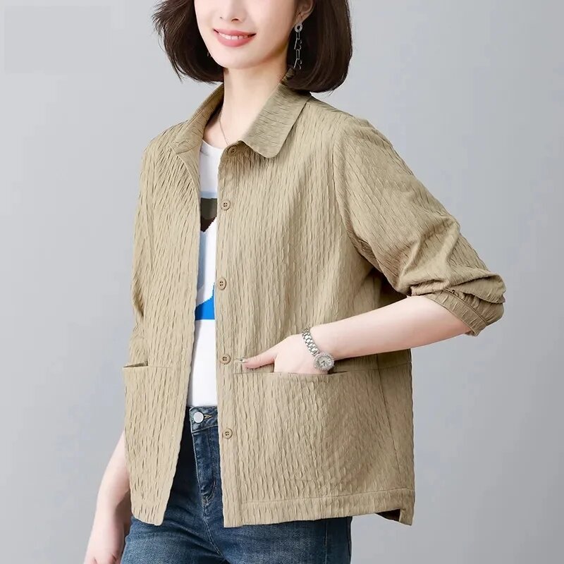 Koreańska, wiosenna jesienna jednorzędowa koszula damska nowa luźna bluzka z cienka, długa rękawem dla matki w średnim wieku