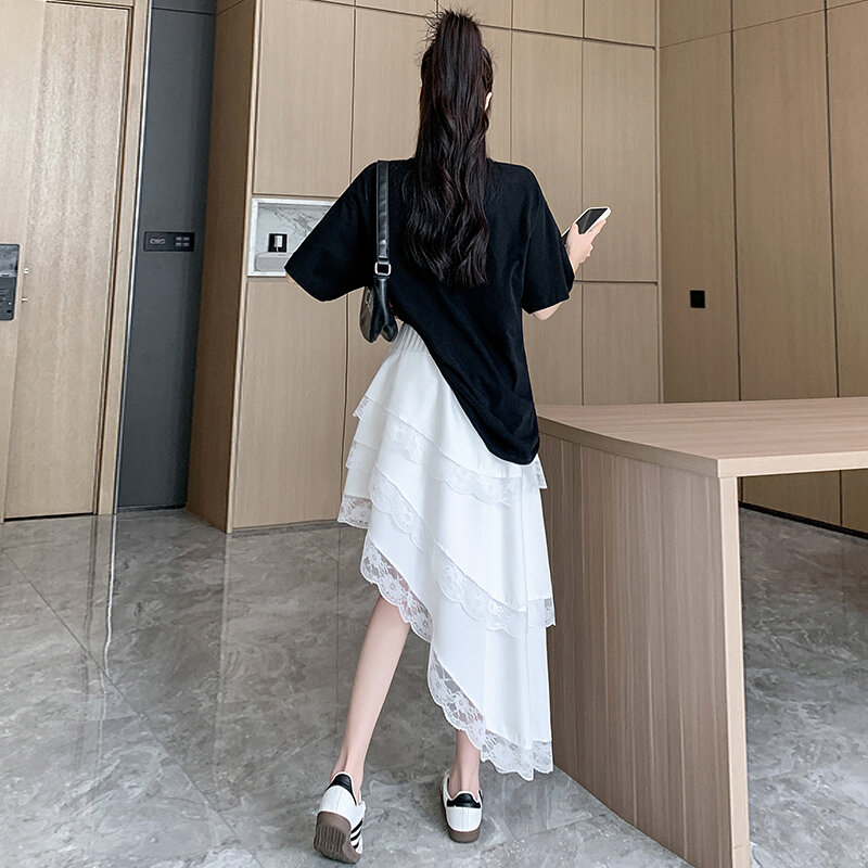 Gidyq Lace Irregular Skirt Women Korean Fashion Casual High Waist A Line Skirts Ladies Summer Streetwear Solid Mid Length Skirt