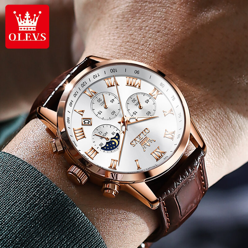 OLEVS New Mens Watches Top Brand Luxury Leather Moon Phase Quartz Watch for Men Sport Waterproof Date Chronograph Wristwatches