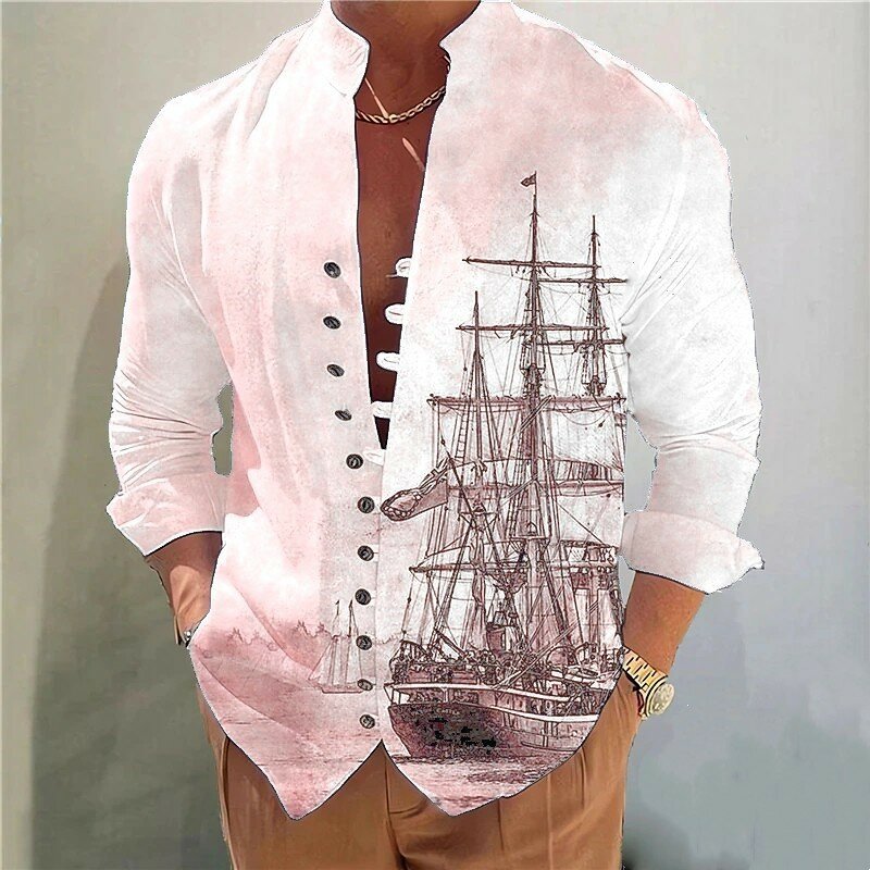 Men's daily casual buckle vintage cardigan stand collar printed shirt Long sleeve classic design shirt Fashion slim shirt