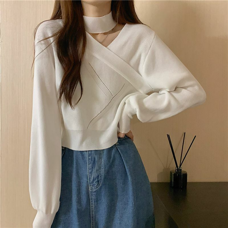 Suéter puro Simple de diseño hueco, estilo coreano, cruzado, ocio, Halter, combina con todo, diario, creatividad, otoño