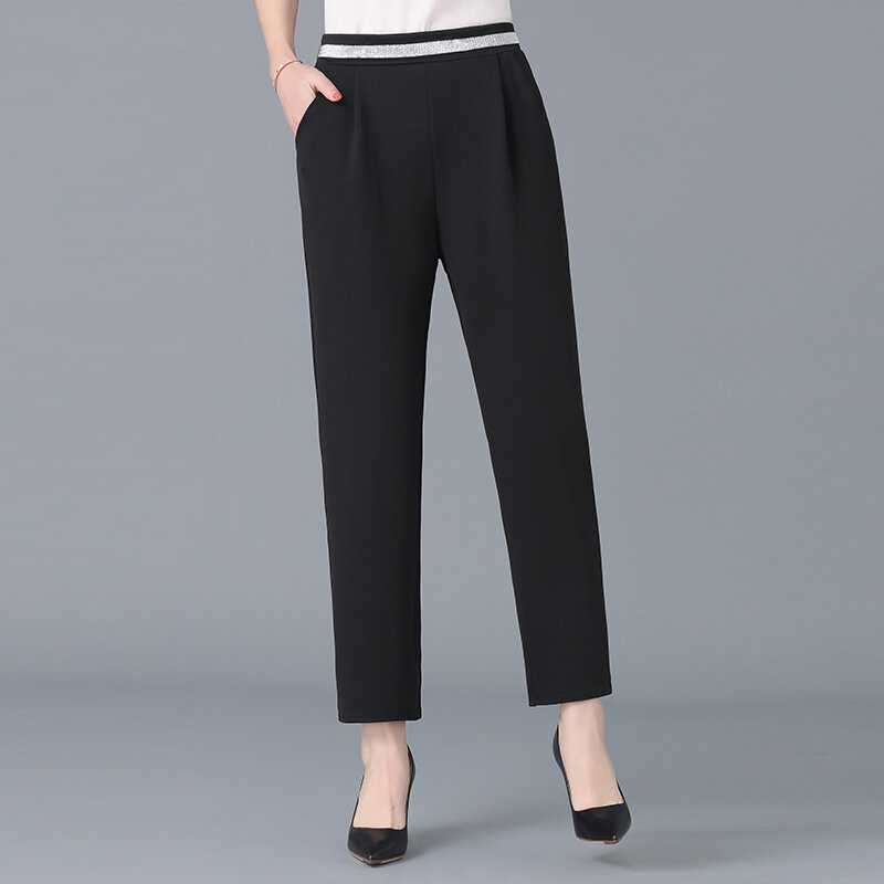 Mother Black Pants Spring Summer Elastic High Waist Straight Pants Middle-aged Women Casual Large Size Ankle-Length Pants 5XL