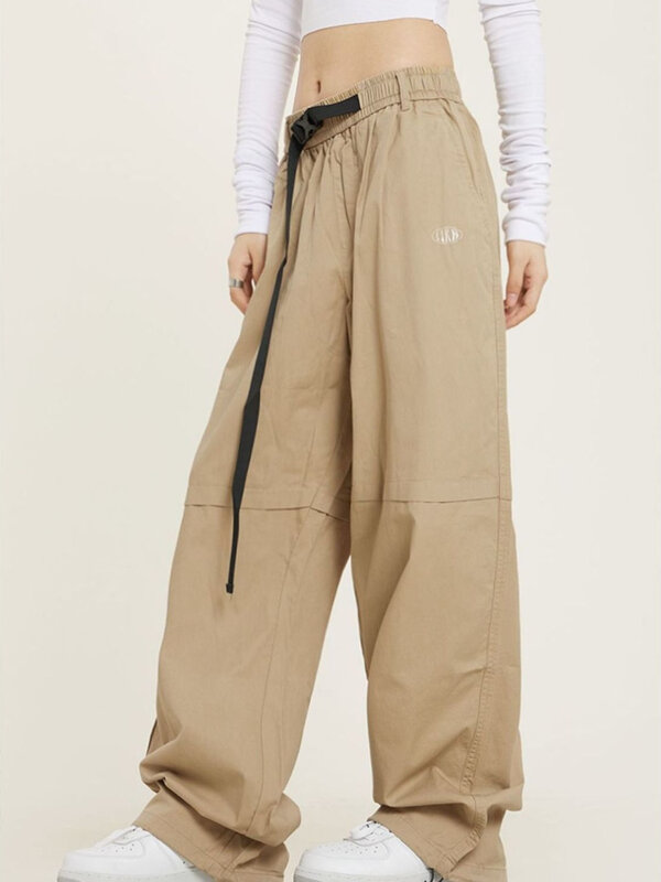 Calças de carga de pára-quedas y2k streetwear vintage baggy perna larga calças de grandes dimensões sólida cintura alta feminino jogging 2023