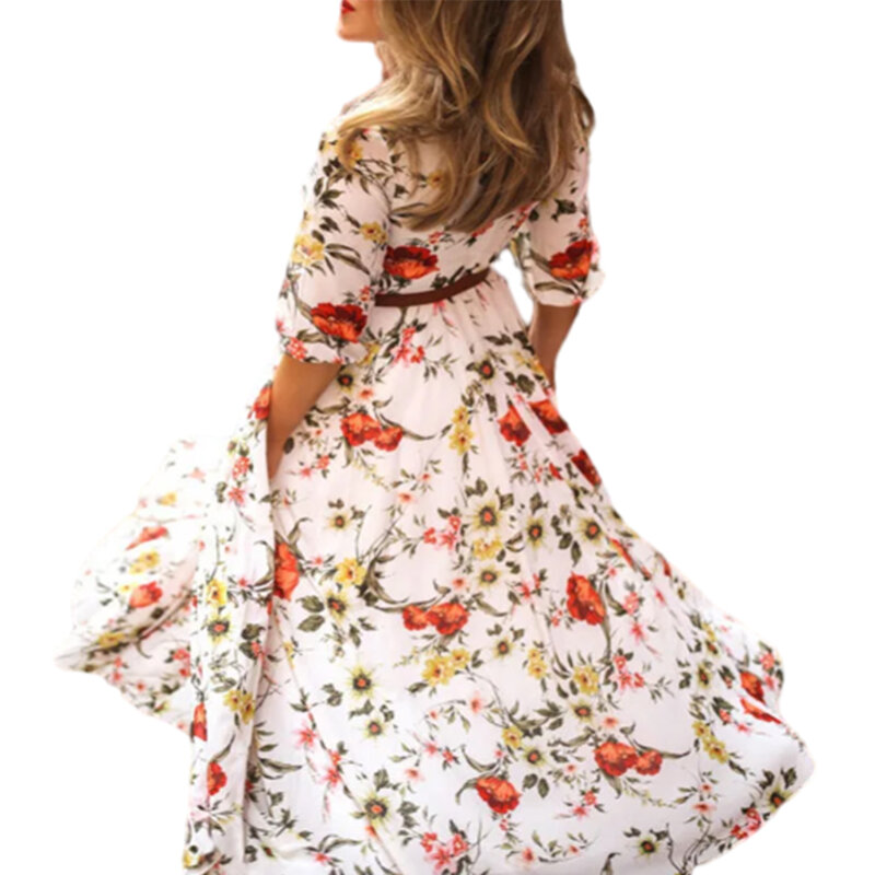 Stylowa modna wysokiej jakości wygodna sukienka typu Swing sukienka Maxi 1 szt. Kwiatowe w stylu boho z okrągłym dekoltem z poliestrowym nadrukiem S-2XL wiosnę