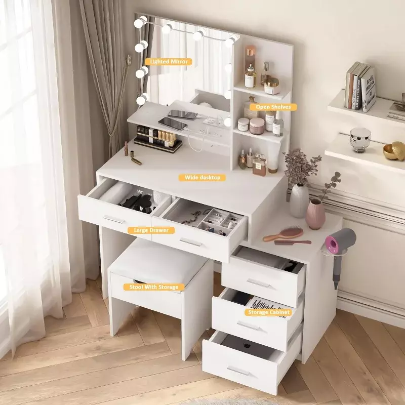 Vanity Desk with Mirror and Lights, White   Bedside Table, 5 Drawers Large Capacity, Metal Silver Handle, Make