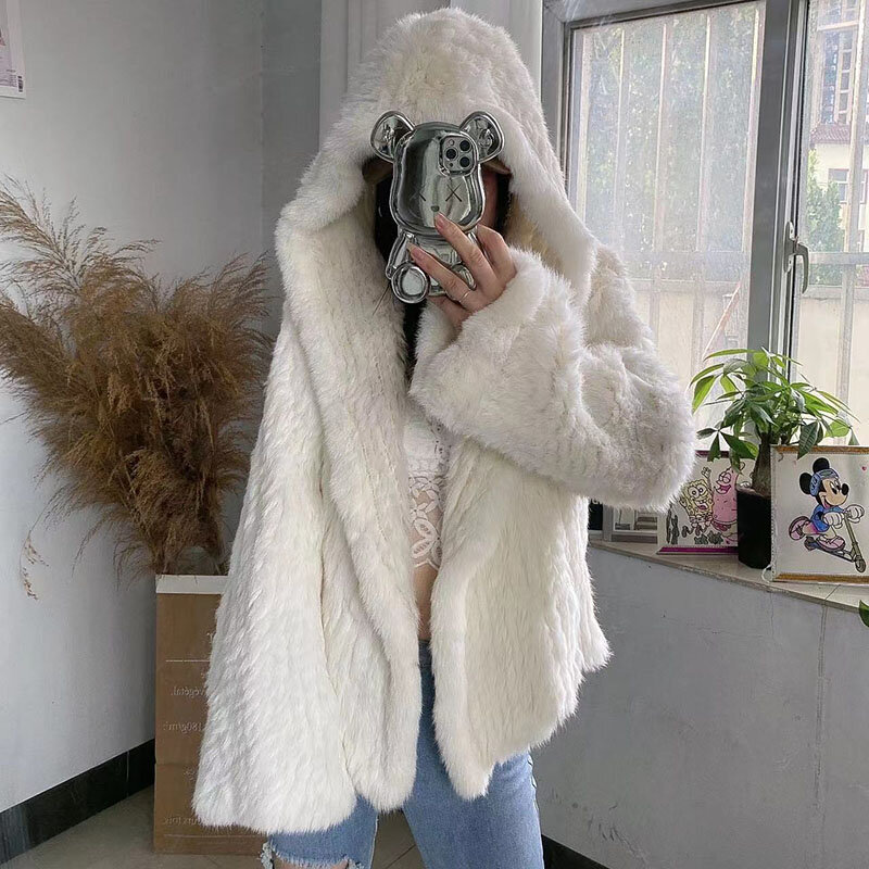 2023 Lente Gebreide Real Rabbit Fur Coat Met Kap Ongedwongen Losse Echt Bont Capuchon Vrouwelijke Uitloper Dames Bont jas