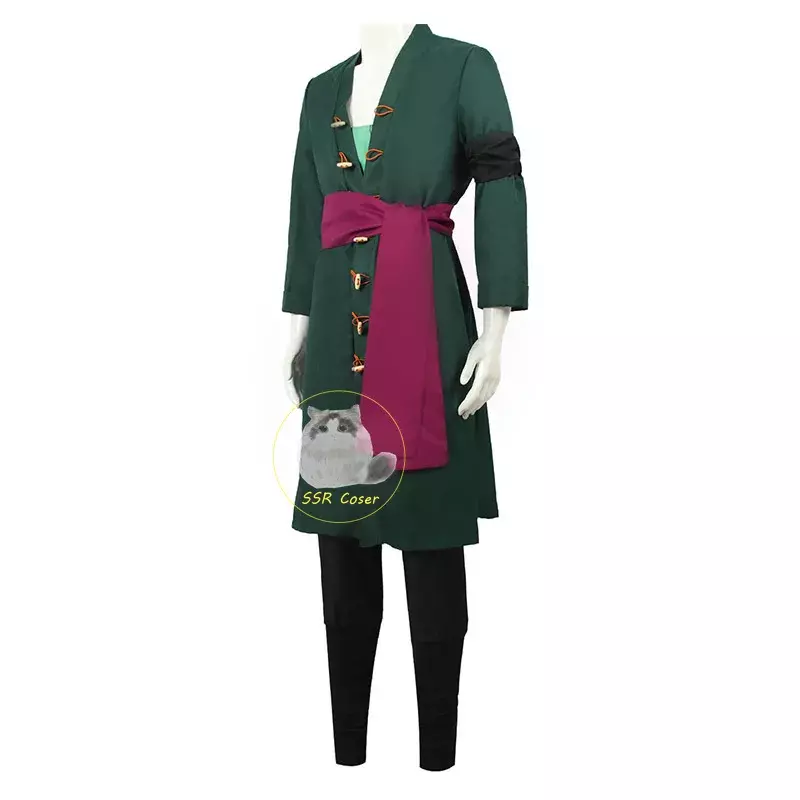 Roronoa Zoro Cosplay Costume pour hommes, uniforme d'anime, manteau vert, ceinture, pantalon, écharpe de tête, perruque Zoro, boucles d'oreilles, vêtements d'Halloween