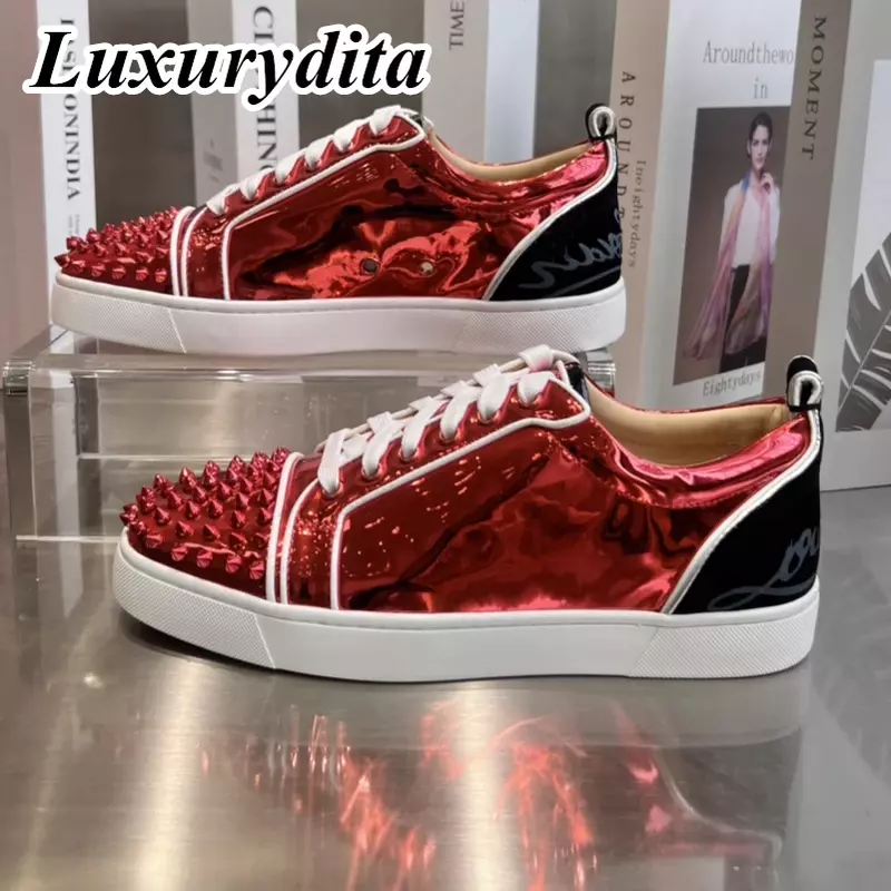 LUXURYDITA Дизайнерские мужские повседневные кроссовки из натуральной кожи с красной подошвой роскошные женские теннисные туфли 35-47 модные Лоферы унисекс HJ484