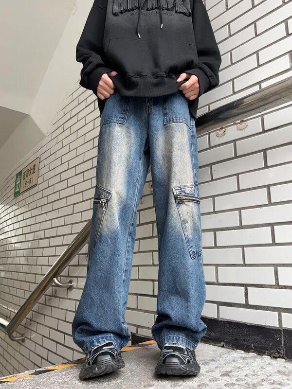 Calça cargo solta masculina com design de bolso, calça jeans casual, calças largas, streetwear de Harajuku, plus size, neutra, gótica, Y2K