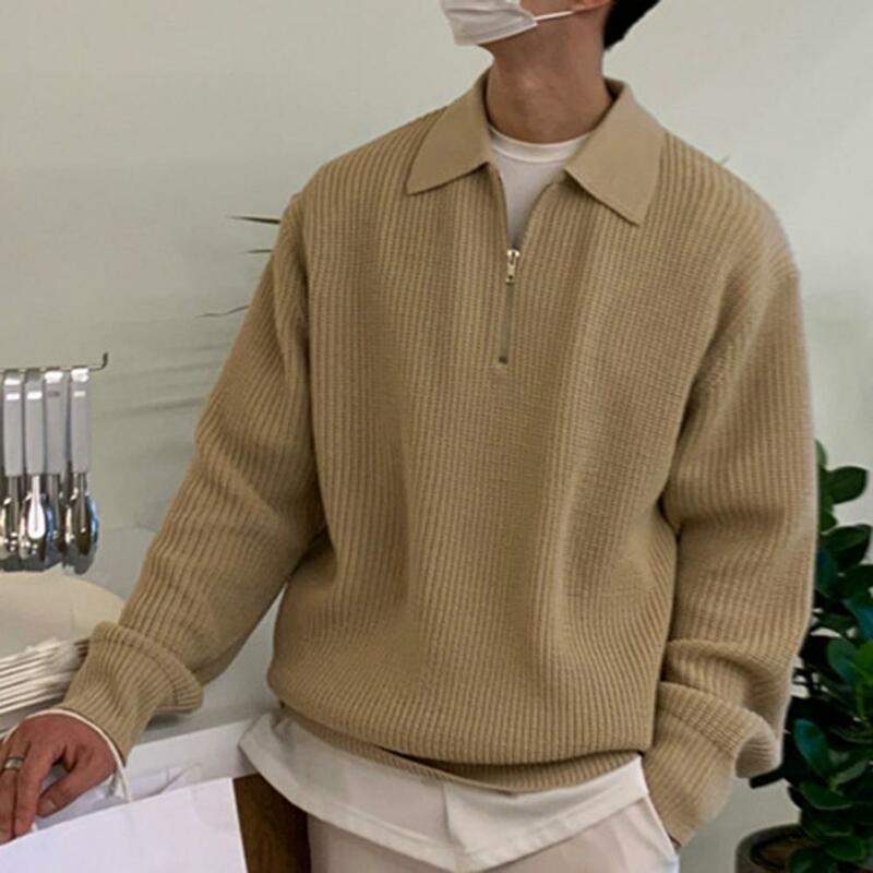 Suéter de punto con solapa para hombre, manga larga, suelto, con cremallera, suave, cálido, longitud media, informal, Otoño e Invierno