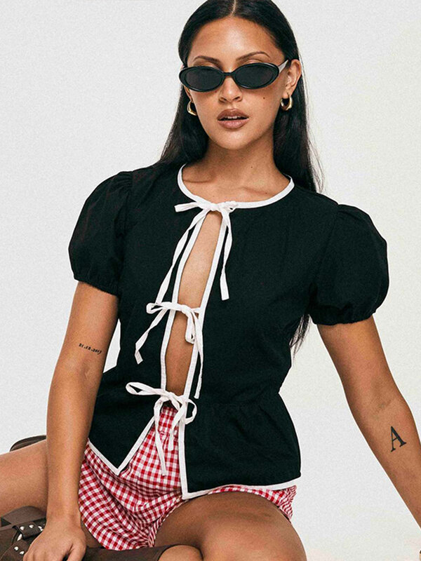 Bow Lace Up Hallow Out Women's Shirts Contrast O-neck Puff Short Sleeve Blouses 2024 Spring Summer Casual Shirt Office Lady Top