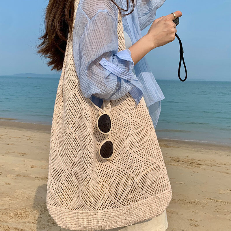 Casual Hollow Knitted Women Shoulder Bags Large Capacity Tote Bag Simple Summer Beach Bag Big Shopper Purses for Vacation 2024
