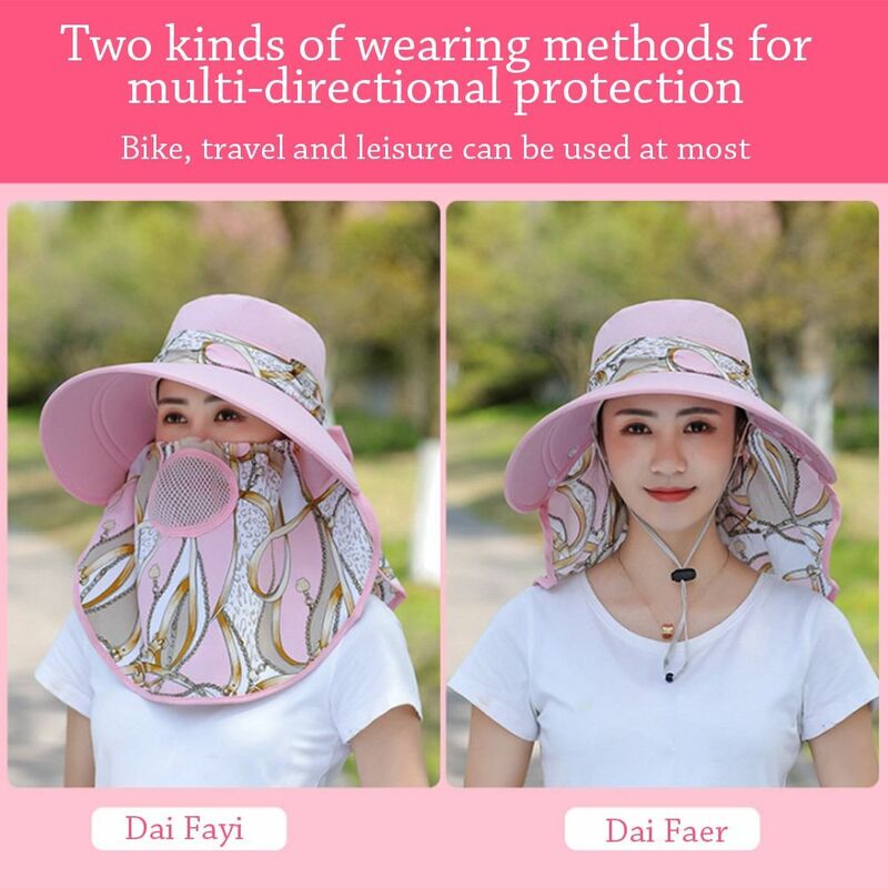 Topi Matahari Anti-UV Luar Ruangan untuk Musim Panas Wanita Mode Topi Cetak Bunga Tabir Surya Lipat Pantai Topi Lebar Wajah Leher