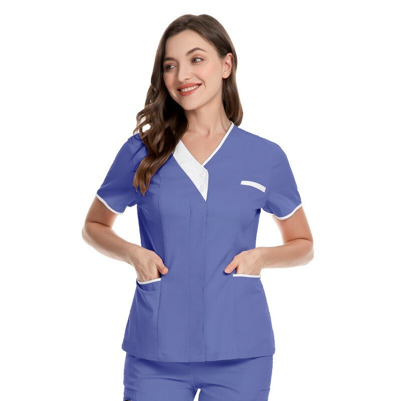 Seragam perawatan rumah sakit wanita scrub atasan warna Solid lengan pendek Carer Suster seragam kerja blus pullover untuk wanita