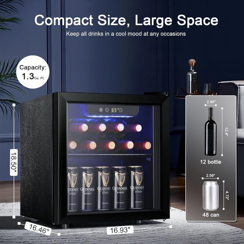 Винный холодильник Antarctic Star, 12 бутылок, 48 банок, мини-холодильник для напитков, 1,3 куб. Футов, черный