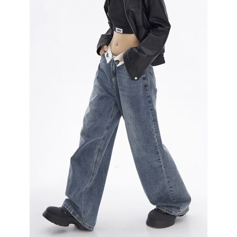Calça jeans vintage de alta qualidade feminina, moda de rua coreana, jeans cintura flip, azul, senso design, chique, outono