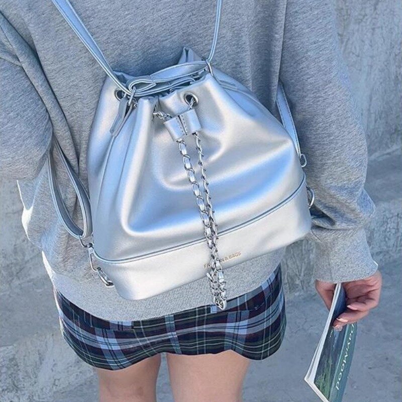 Xiuya srebrna moda damski plecak skórzany koreański moda prosta letnia torba mała na ramię elegancka estetyczna damska plecak