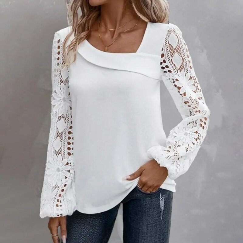 Lightweight Long Sleeve Top Elegant Lace Hollow Out Spring Shirt for Women Long Sleeve V Neck Pullover Top Soft Lady Commute