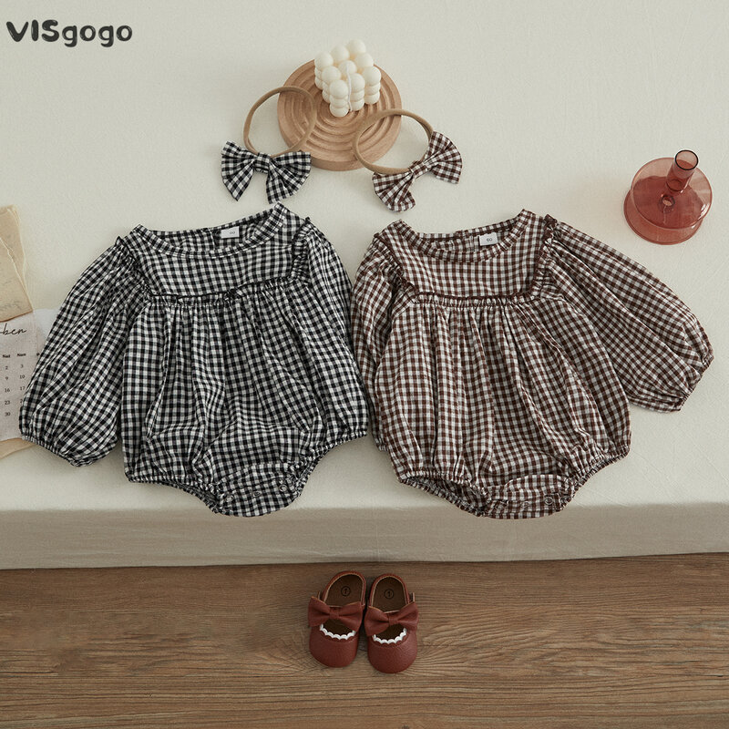 VISgogo-Pelele de manga larga para niña, traje con estampado a cuadros, cuello redondo y costuras, con lazo y diadema