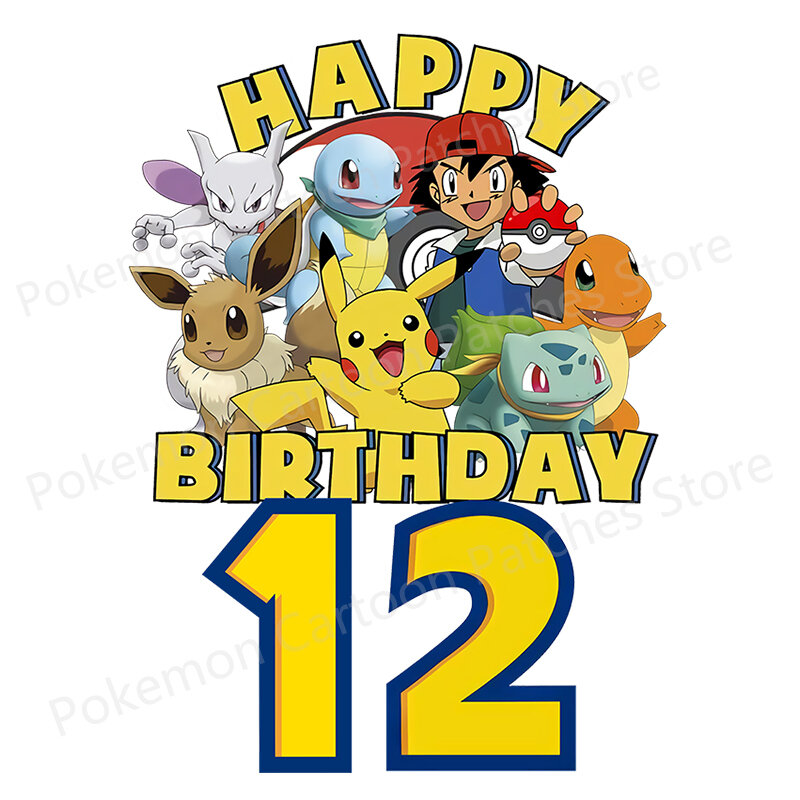 Parche adhesivo Fusible de Anime de Pokémon para niños, ropa de feliz cumpleaños, apliques de transferencia de calor, regalo de fiesta, 1 a 12 años